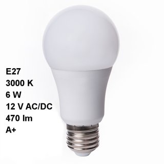 LED Kugelbirne klar 6W 480lm 12V AC/DC, E27, D:60mm 300&deg;, 3000K, 12-Volt-Betrieb