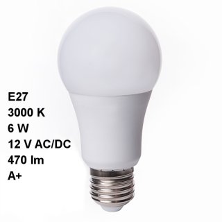 LED Kugelbirne matt 5,5W 450lm 12V AC/DC, E27, D:60mm 330&deg;, 3000K, 12-Volt-Betrieb