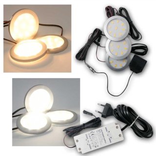 Downlight Aufbau LED 3x3W Set Cabinett 120&deg; ww, Alu natur poliert, d=60mm, 