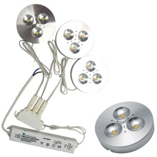 Downlight Aufbau LED 3x3W Set Cabinett 120&deg; ww, Alu natur poliert, d=69mm